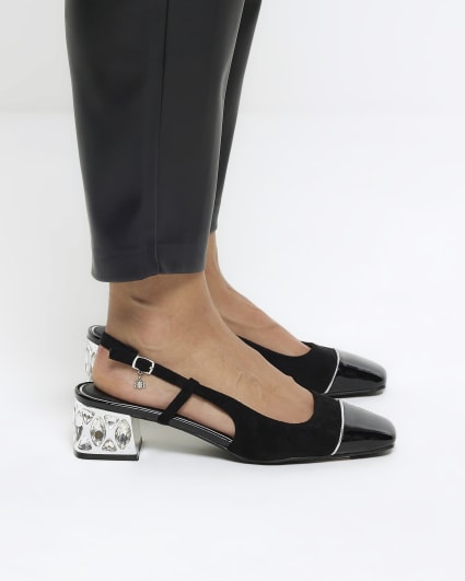 Black crystal heel sling back shoes