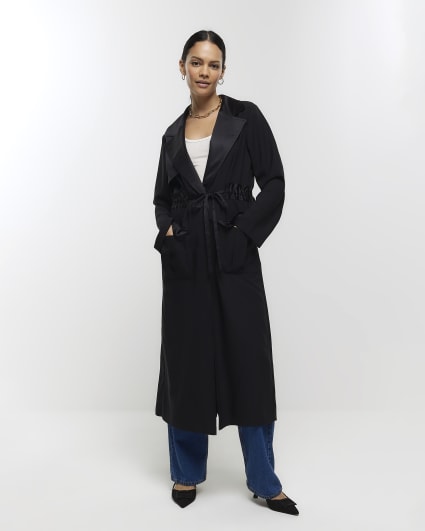 Black satin longline duster coat