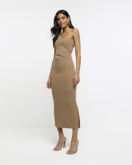 Brown bandeau bodycon midi dress