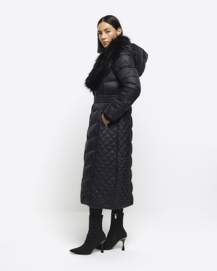 Black faux fur collar padded coat