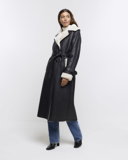 Black belted shearling trench coat