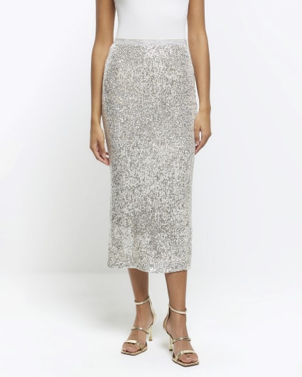 Silver sequin midi skirt