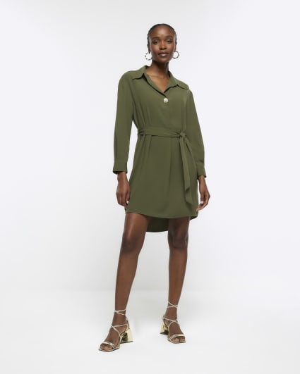 Khaki belted mini shirt dress