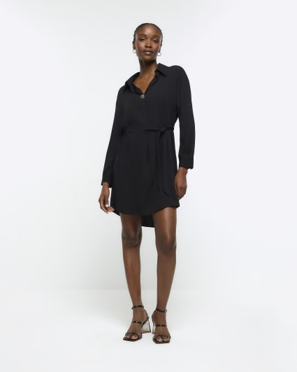 Black belted mini shirt dress