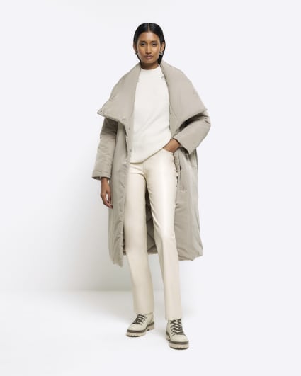 Green belted wrap puffer jacket