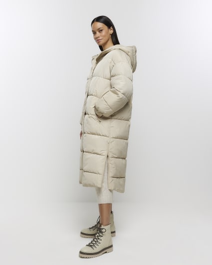 Cream hooded longline puffer coat