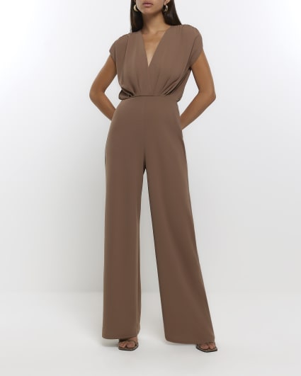 Brown scuba wide leg jumpsuit