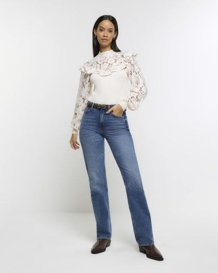 Cream lace frill long sleeve top