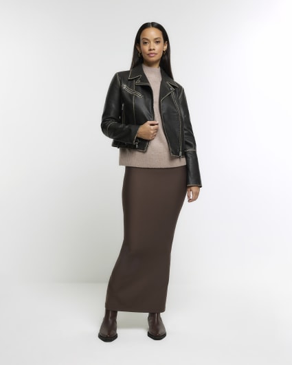 Black distressed faux leather biker jacket