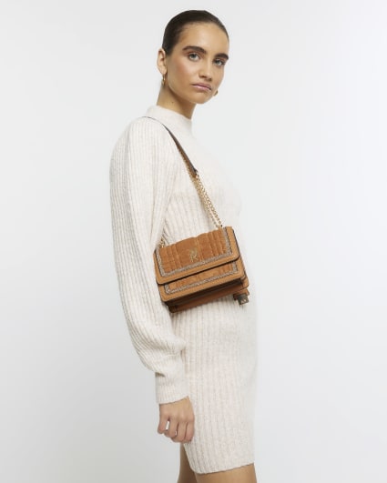 Brown diamante trim shoulder bag