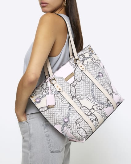 Beige RI monogram chain shopper bag