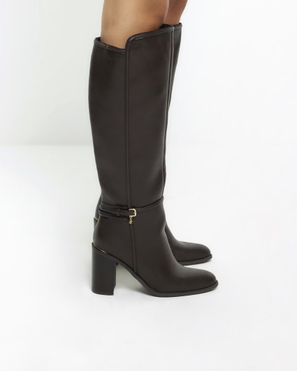 Brown buckle high leg heeled boots
