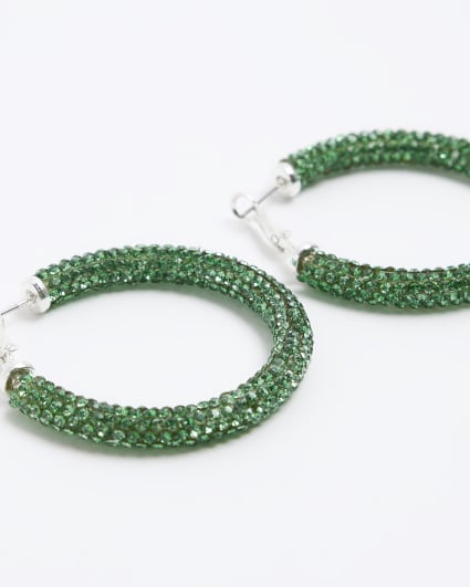 Green diamante tube hoop earrings