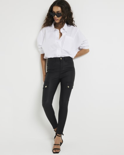 Petite black coated cargo skinny jeans