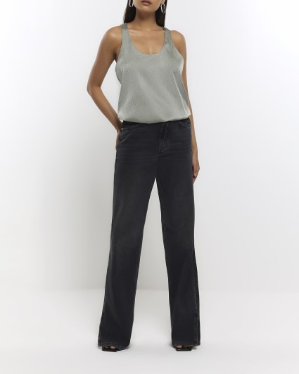 Khaki satin diamante tank top