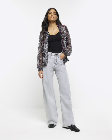 Black chiffon floral zip up jacket