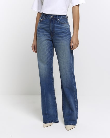 Blue High waisted relaxed straight fade jeans