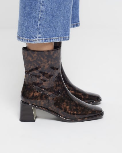 Brown animal print heeled ankle boots