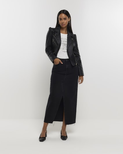 Black faux leather puff sleeve biker jacket