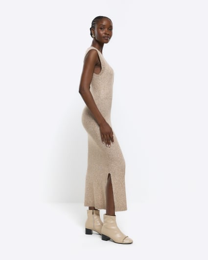 Beige knitted wrap jumper midi dress