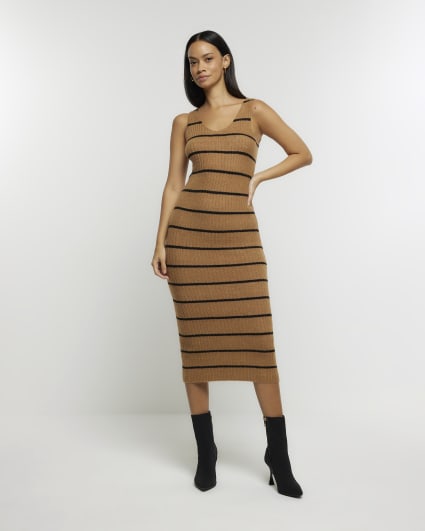 Brown knitted stripe bodycon midi dress set