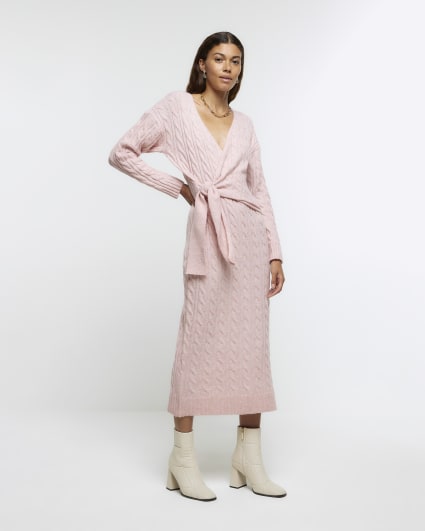 Pink Cable knit V-neck Wrap Midi jumper dress