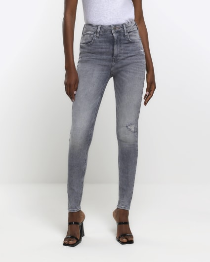 Grey ripped high waisted super skinny jeans