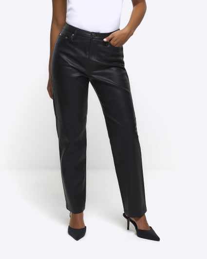 Petite black faux leather straight trousers