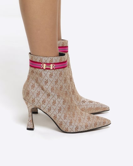 Beige wide fit RI monogram heeled boots