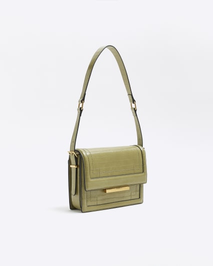 Khaki croc embossed shoulder bag