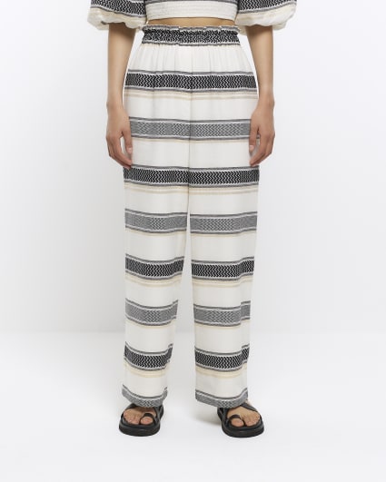 Ecru stripe wide leg pull on trousers
