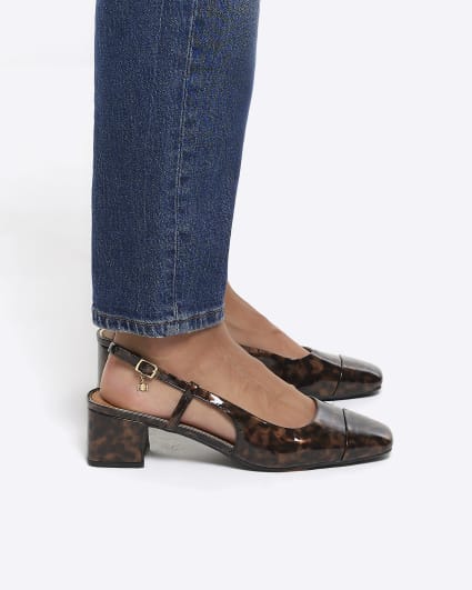 Brown block heeled sling back court shoes