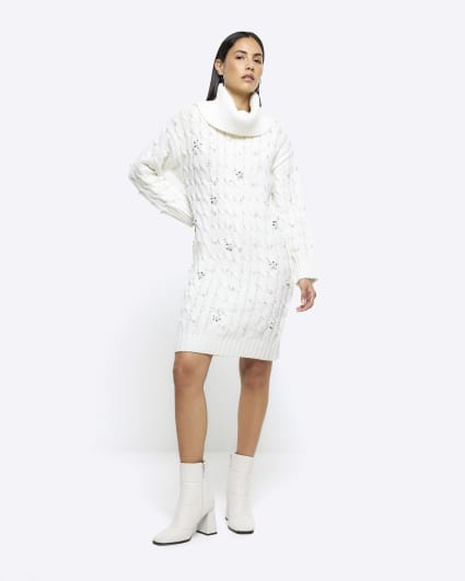 Cream cable knit pearl jumper mini dress
