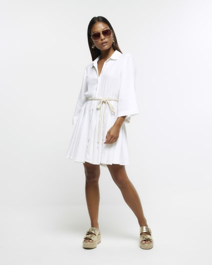 Petite white mini shirt dress with linen