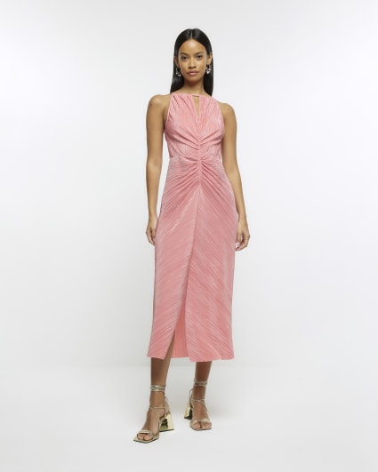 Coral plisse ruched slip midi dress