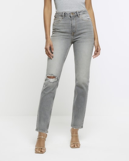 Grey ripped high waisted slim straight jeans