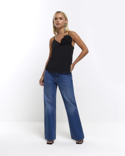 Petite black corsage cami top