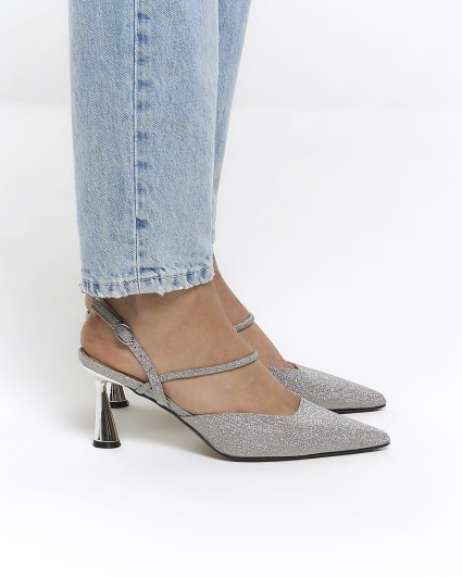 Silver glittered slingback court shoes