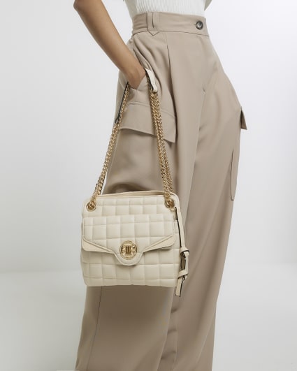 Cream quilted chain strap shoulder bag
