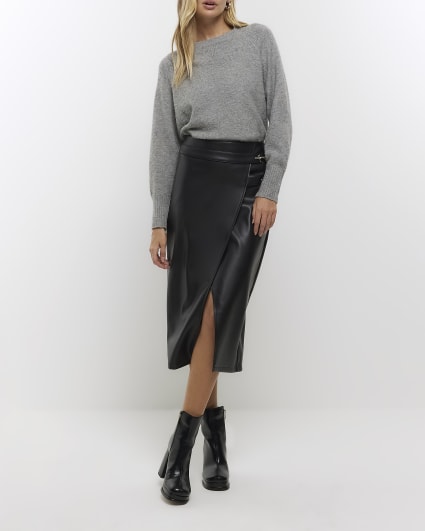Black faux leather wrap midi skirt