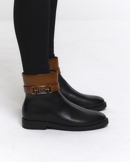 Brown colour block riding ankle boots