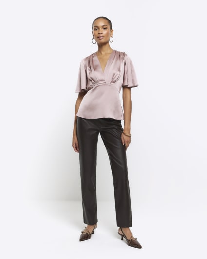 Pink satin flare sleeve blouse