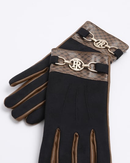Brown faux leather RI monogram gloves