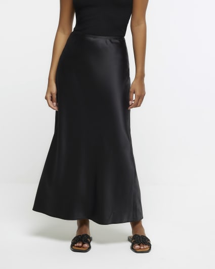 Petite black satin maxi skirt