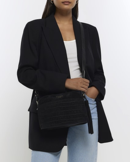 Black leather croc embossed cross body bag