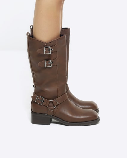 Brown high leg biker boots