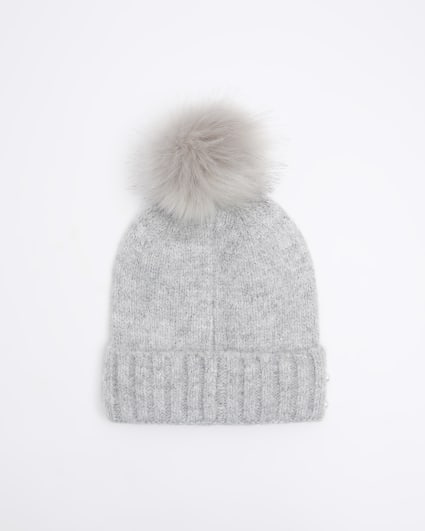 Grey knitted pearl beanie hat