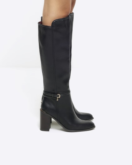 Black buckle high leg heeled boots