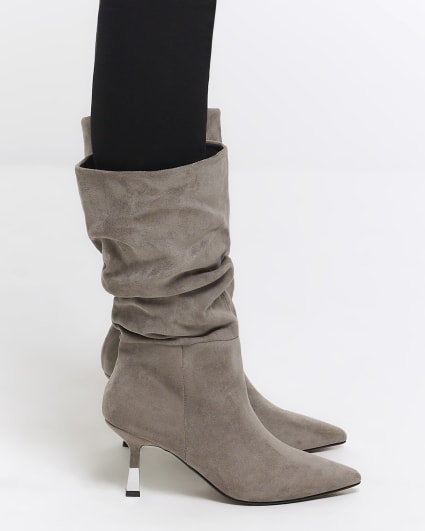 Grey suedette slouch heeled boots