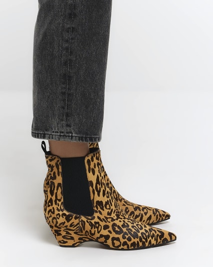 Brown animal print leather kitten heel boots